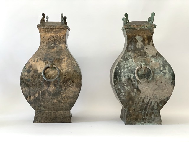 WF 68 Two Bronze Ritual Wine Vessels, fanghu<br><br>漢青銅方壺兩件- 高古青銅器- 藝術品-  Feng Chun Ma