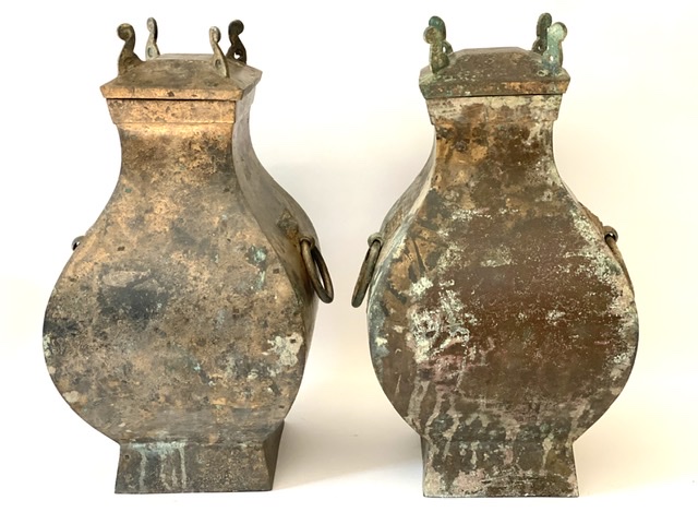 WF 68 Two Bronze Ritual Wine Vessels, fanghu<br><br>漢青銅方壺兩件 